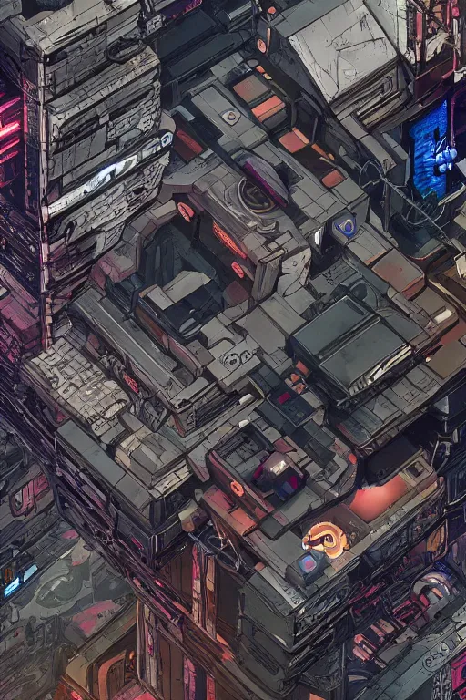 Prompt: cyberpunk mech tiled floor, aerial one point perspective, high details, line art,, ultra detailed, digital art, 8 k, character, realistic, portrait, hyperrealistic