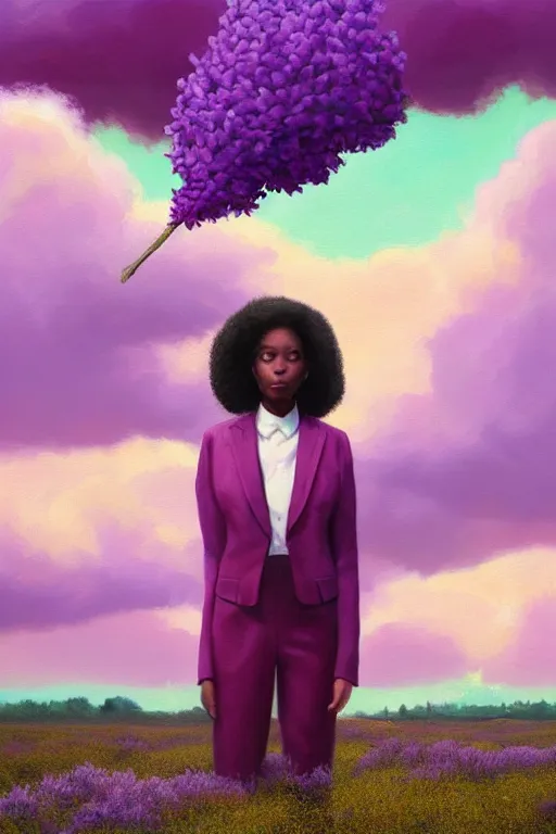 Image similar to portrait, giant lilac flower as head, black woman in suit in heather field, surreal photography, golden hour, colorful clouds, impressionist painting, digital painting, artstation, simon stalenhag