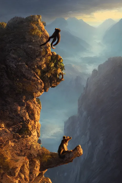 Image similar to a monkey standing at the top of a cliff throwing a bone in the air , dramatic lighting, cinematic, establishing shot, extremly high detail, photorealistic, cinematic lighting, artstation, style by James Gurney