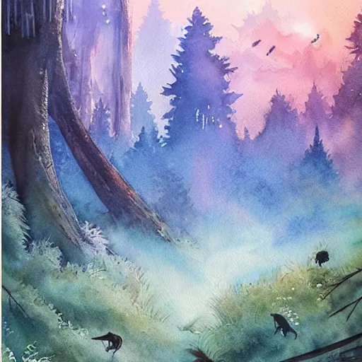 Prompt: beautiful lush natural scene on another planet, with creatures. lightfall. beautiful detailed watercolor. trending on artstation and deviantart.