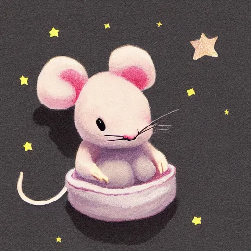 Prompt: cute plush mouse wearing nightcap is sleeping soundly in tiny makeshift bed, adorable fantasy illustration, pastels