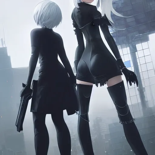 Image similar to realistic render 2 b and 9 s from nier automata by ross draws, futuristic dystopian city by ilya kuvshinov, digital anime art by ross tran, extreme intricate details, composition by sana takeda, lighting by greg rutkowski