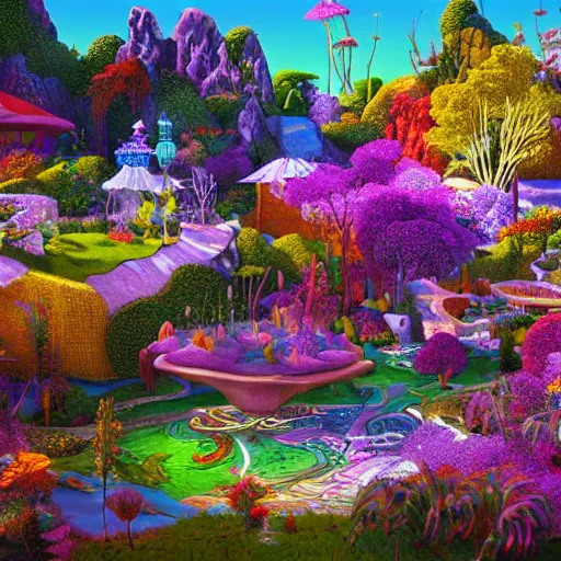 Image similar to a tiltshift 4 k photo of visions of serenity in the garden of enchantment, detailed digital art by howard arkley, anton fadeev and james gurney, hyperdetailed 4 k hd realism rendered in unreal engine