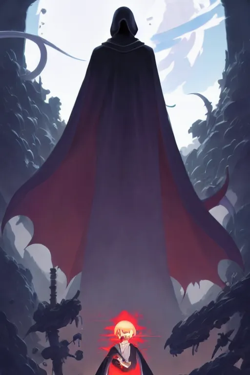 Image similar to video game cover, small grim reaper dressed with a cape surrounded by demons, mid view, design on a white background, by studio muti, greg rutkowski makoto shinkai takashi takeuchi studio ghibli