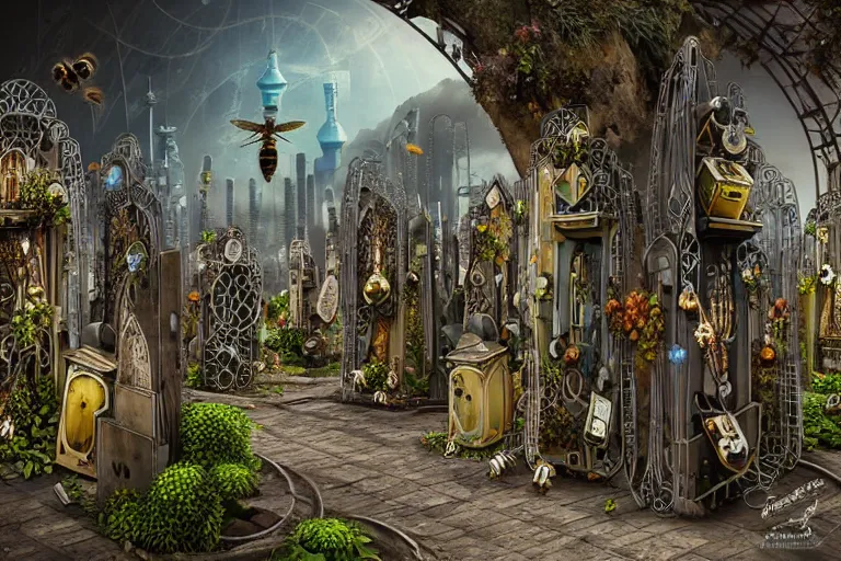 Image similar to elegance futuristic favela graveyard honeybee hive, art nouveau environment, industrial factory, award winning art, epic dreamlike fantasy landscape, ultra realistic,