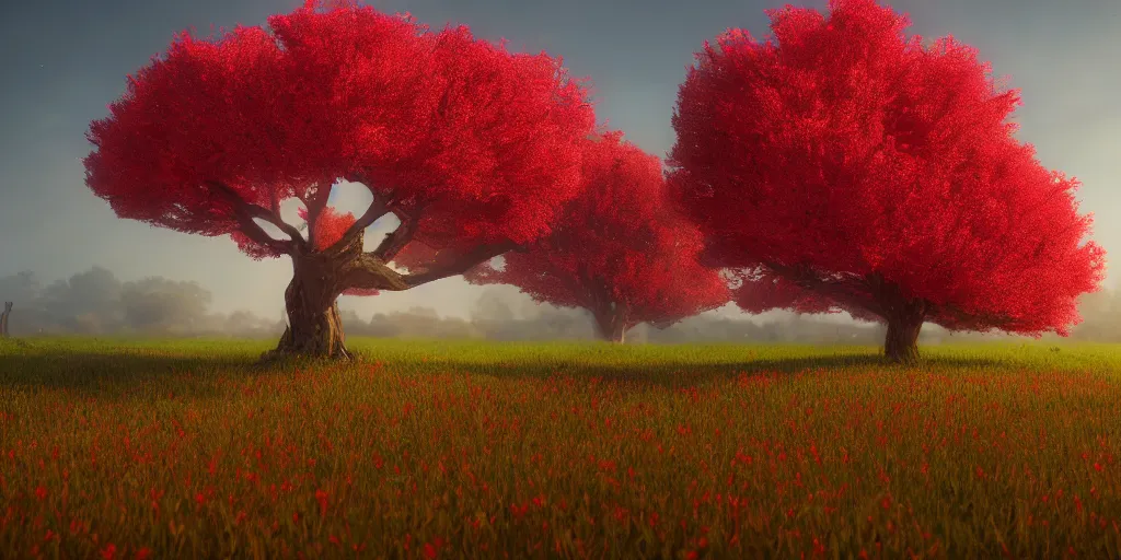 Image similar to a big red tree in the middle of a battlefield near a bunch of red flowers at sunrise, hyperrealistic, concept art, octane render, unreal engine 5, trending on Artstation, high quality, 8K, dramatic lighting, cinematic, high coherence, highly detailed, Midjourney style, epic scene, path traced, low contrast, complementary colors