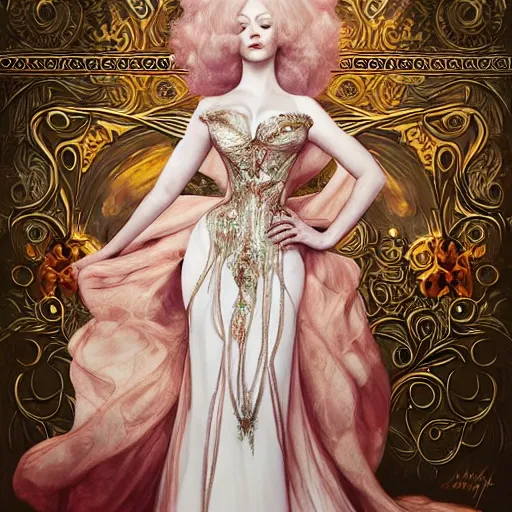 Prompt: Christina Hendricks wearing epic haute couture by Alexander McQueen, extremely beautiful and proportionate face, in the aesthetic of mert and marcus, masterpiece, intricate, elegant wardrobe, highly detailed, digital painting, artstation, concept art, smooth, sharp focus, illustration, art by artgerm and james jean and greg rutkowski and alphonse mucha