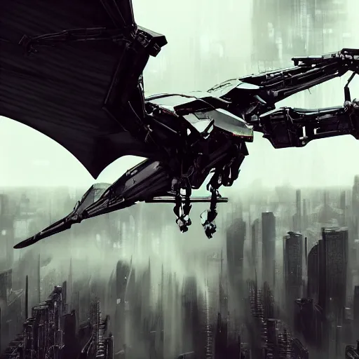 Prompt: hyper-realistic detailed photograph, long shot, robot mecha pterodactyl in flight over a dark city, cyberpunk