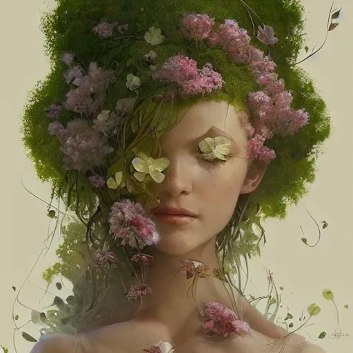 Prompt: moss and flowers forming the shape of a human figure. beautiful high quality realistic fantasy art, trending on artstation by artgerm and greg rutkowski and alphonse mucha