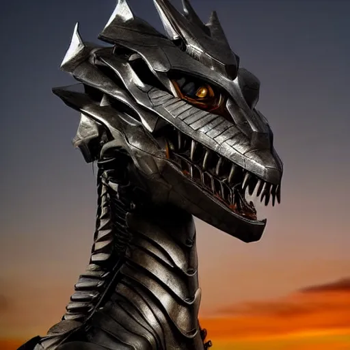 Image similar to chest up bust shot, realistic detailed stunning beautiful armored anthropomorphic humanoid robot female dragon, looking to the side with an elegant pose of hand on hip, smooth and streamlined armor and design made of steel, sharp claws and sharp teeth, high quality head, Slick LEDs, standing on two legs, on the beach during sunset, high quality, cinematic art, sci fi, sunset lighting, 3D render, 8k, artstation, deviantart, furaffinity