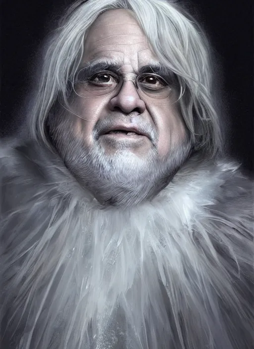 Image similar to Portrait of Danny DeVito, white glowing eyes, silver shaggy hair, cloak, ethereal wings, male, fantasy, extremely detailed, digital painting, artstation, concept art, smooth, sharp focus, illustration, stunning lighting, art by artgerm and greg rutkowski and alphonse mucha and simon stalenhag, realistic character concept, high fantasy, light atmosphere, golden ratio, cinematic lighting, hyperdetailed, high resolution, insanely detailed and intricate, artstation, Marc Simonetti, Greg Rutkowski, 8k