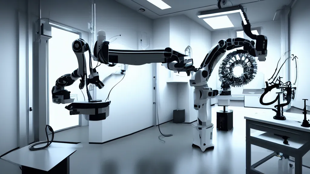 Image similar to a complex bifurcated robotic cnc surgical arm hybrid mri 3 d printer machine making swirling black and white ceramic mandlebulb mutant forms in the laboratory inspection room, film still from the movie directed by denis villeneuve with art direction by salvador dali, wide lens, f 3 2, cinematic lighting, studio quality, smooth render, unreal engine 5 rendered, octane rendered