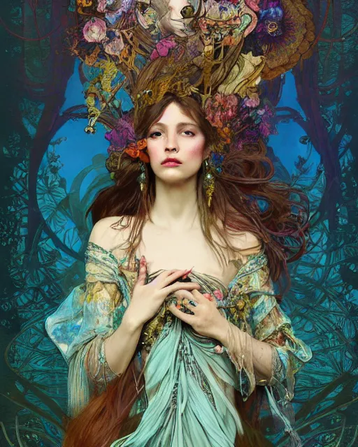 Prompt: Full view Bohemian Maiden Spirit of the woods in a beautiful dress, 4k digital illustration by Ruan Jia and Alberto Seveso, background by Alphonse Mucha, art nouveau iconography background, tarot card, stunning portrait, amazing magnificent mystical illustration, award winning art, vivid and vibrant, soft lighting, intricate details, realistic, full view, Artstation, CGsociety