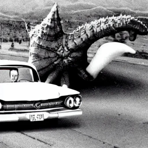 Prompt: 1960s press archive of middle-aged Kim Jong-il coming out of a car and a giant starfish-monster arm crushing the car, underexposed, kaiju-eiga by Ishirō Honda