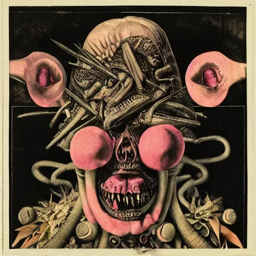 Prompt: post - punk album cover, asymmetrical design, dollar bank, new age, apocalypse, psychedelic, black white pink, magic, giger h. r., giuseppe arcimboldo