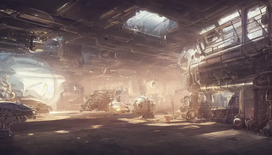 Image similar to the inside of a futuristic mechanic spaceshop, highly detailed interior, holographic screen in center frame by peter mohrbacher and craig mullins, dieselpunk, firefly, cryengine render, hyper realism, realistic shading, cinematic composition, realistic render, octane render, detailed textures, photorealistic, wide shot, fanciful, colorful