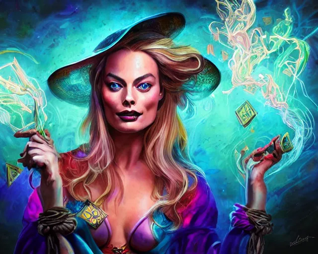 Image similar to margot robbie as a beautiful magician casting colorful spells, fantasy art, in the style of JAMES MCCARTHY, illustration, epic art, fantasy, intricate, elgant, amazing detail, digital painting, artstation, concept art, smooth, sharp focus