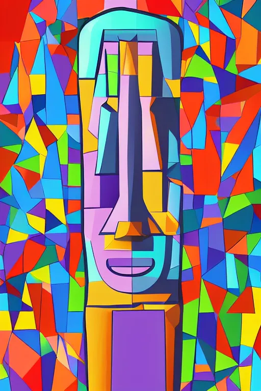 Image similar to cubist moai statue cutout digital illustration cartoon colorful beeple