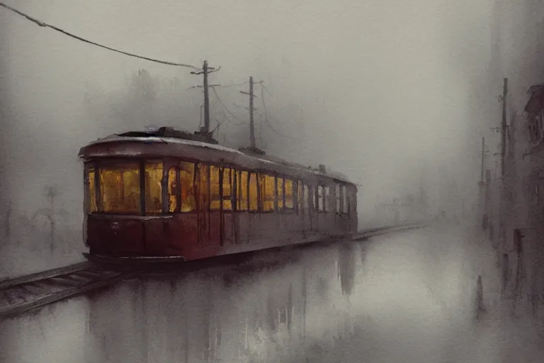 Prompt: small centered on watercolor paper, paint brush strokes, abstract watercolor painting of old man sitting on tram, poor and rugged, foggy morning dawn, cinematic light, national romanticism by hans dahl, by jesper ejsing, by anders zorn, by greg rutkowski, by greg manchess, by tyler edlin