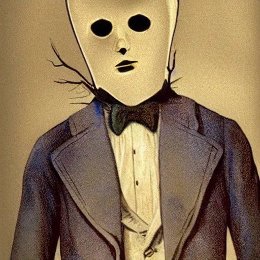 Image similar to color poster of slenderman by adolphe millot