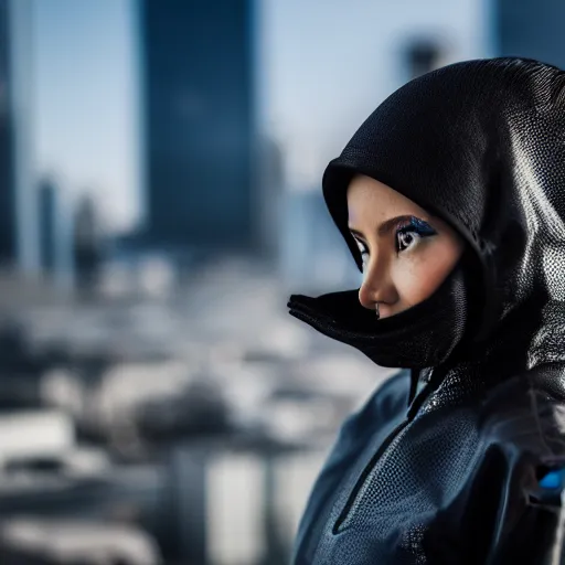 Prompt: photograph of a techwear woman, closeup, on the rooftop of a futuristic city, sigma 85mm f/1.4, 4k, depth of field, high resolution, 4k, 8k, hd, full color