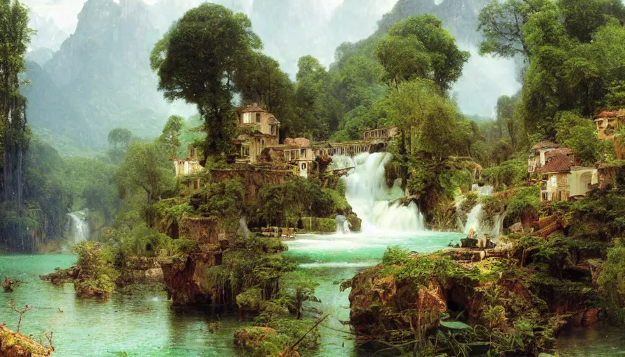 Image similar to a small village by a lake, waterfalls, cascades, very detailed, by john berkey, albert bierstadt, ruan jia, lawrence alma tadema, zdzislaw beksinski, carl spitzweg, everett raymond kinstler, norman rockwell, jack kirby, tom lovell, greg staples