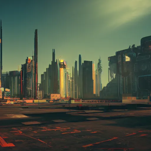 Prompt: octane render of a cyberpunk western, angular, beeple, earth tone color scheme, cgsociety