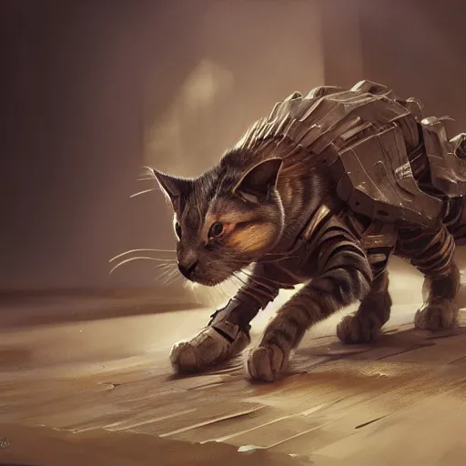 Image similar to armored cat by jean - baptiste monge, high quality, high resolution, 4 k, painted by cgsociety, rutkowski, gurney with ambient lighting, concept art, detailed, smooth, dynamic volumetric cinematic lighting, octane, raytrace