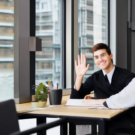 Prompt: photo of a young man waving goodbye to his coworker in office