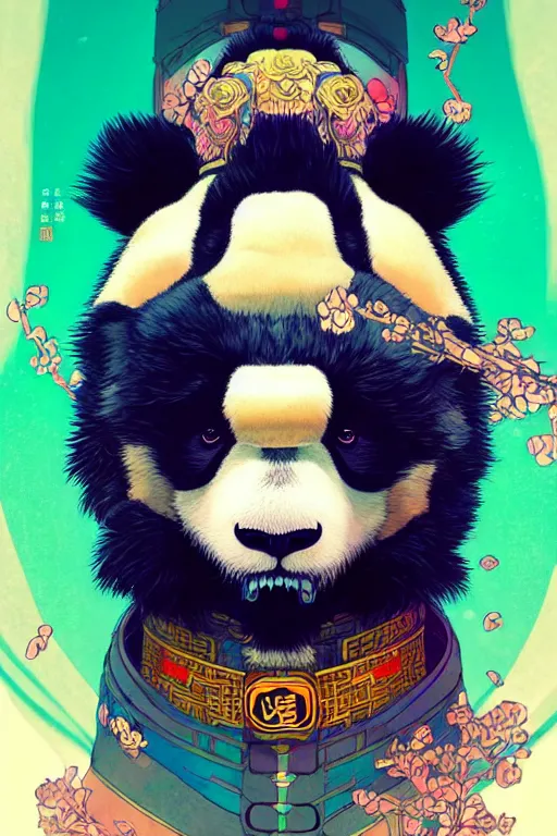 Image similar to a beautiful hyperdetailed character design of a cute panda with a chinese lion dance head victo ngai cyberpunk style, from china, style of studio ghibli, makoto shinkai, raphael lacoste, louis comfort tiffany, artgerm, james jean, ross tran, chinese style