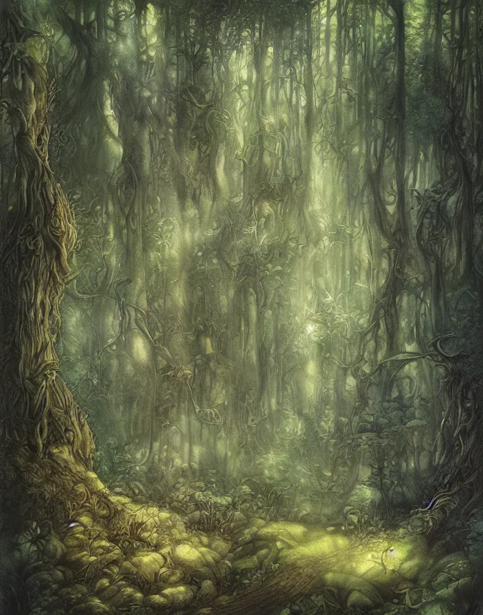 Prompt: painting of a forest by Tony Diterlizzi and Brian Froud, cinematic, breathtaking, beautiful composition, volumetric lighting, painterly