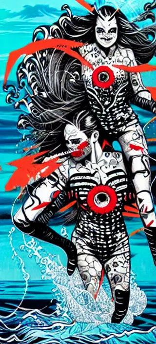 Image similar to horrors in ocean with intricate details by MARVEL comics and Sandra Chevrier