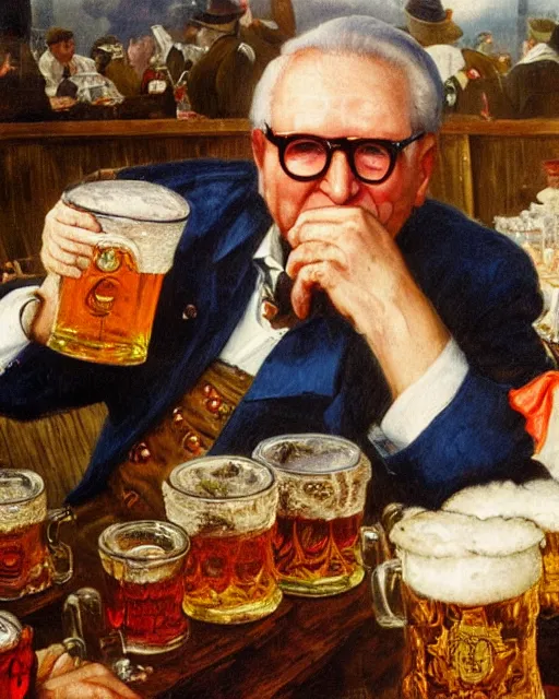 Image similar to a painting of erich honecker holding a mug of beer at the oktoberfest, a detailed painting by konstantin makovsky and by jan matejko and by nikolay makovsky, shutterstock contest winner, german romanticism, detailed painting, oil on canvas, wimmelbilder