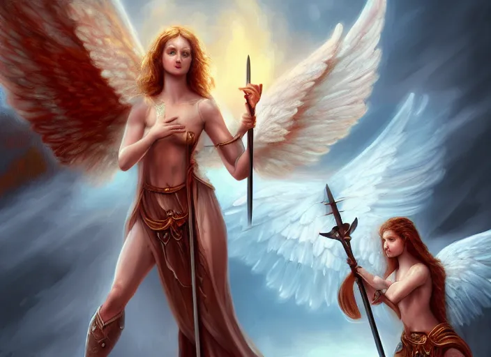 Prompt: a digital painting of an angel holding two swords, a digital rendering by jan tengnagel, fantasy art, deviantart uhd, deviantart, apocalypse art, ray tracing, highly detailed, high quality, 8 k resolution