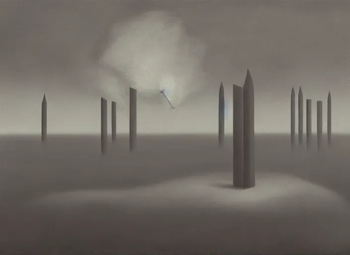 Prompt: flatland of chimney vents emitting billowing smoke, surrealist painting by Kay Sage, Yves Tanguy, cold tone