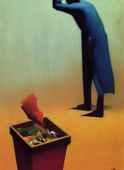 Image similar to magician with a trash over his head praying to a trash bin Edward Hopper and James Gilleard, Zdzislaw Beksinski highly detailed