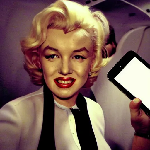 Prompt: iPhone digital photography of marilyn monroe as a flight attendant in 2014