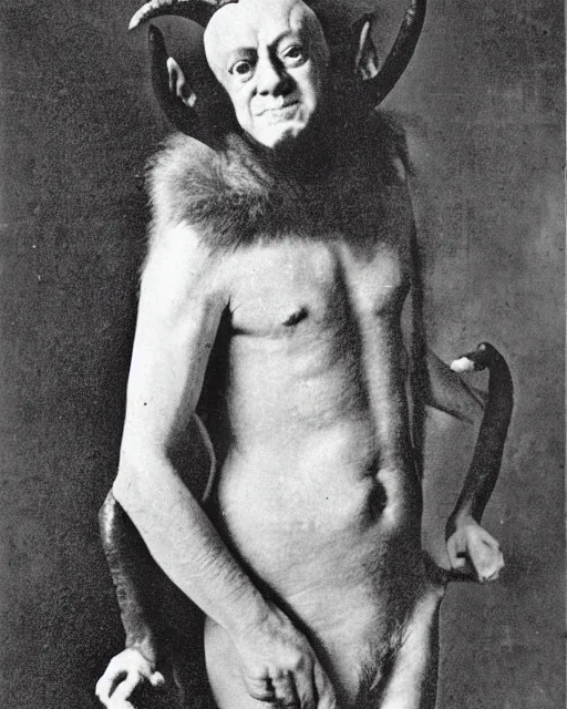 Prompt: aleister crowley as a a satyr goat man, he has long goat ears, multicolored goat fur, goat horns and yellow goat eyes with black horizontal pupils