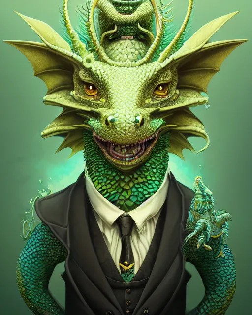 Image similar to anthropomorphic art of a businessman dragon, green dragon, portrait, victorian inspired clothing by artgerm, victo ngai, ryohei hase, artstation. fractal papers and books. highly detailed digital painting, smooth, global illumination, fantasy art by greg rutkowsky, karl spitzweg