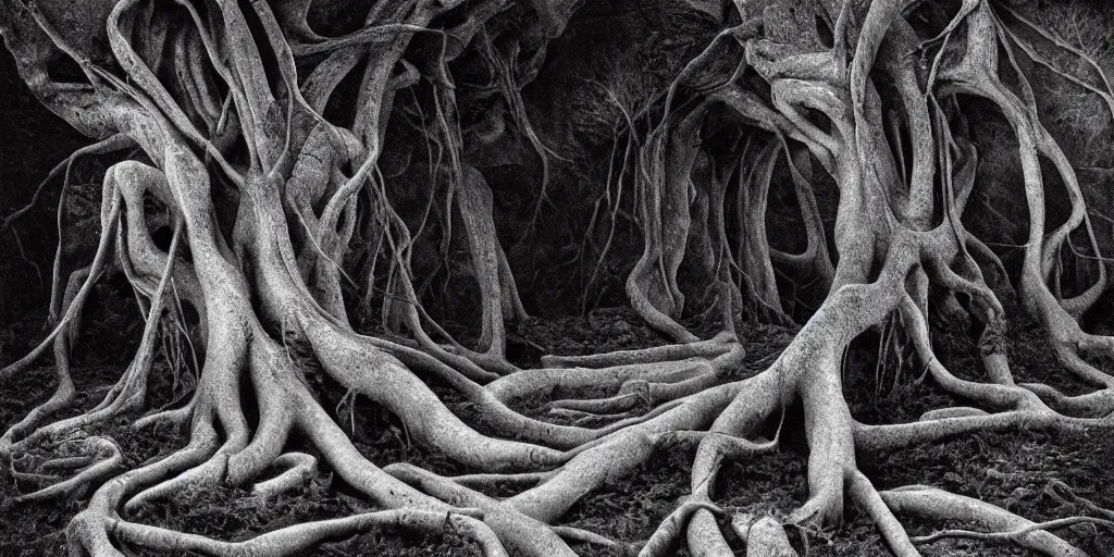 Image similar to portrait of a sickle getting overgrown by roots, forest, dolomites, alpine, detailed intricate insanely detailed octane render, 8k artistic 1920s photography, photorealistic, black and white, chiaroscuro, hd, by David Cronenberg, Raphael, Caravaggio