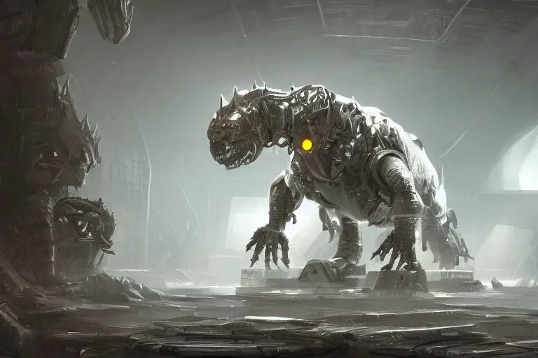 Image similar to robosaurus parallax datacenter server room interior single mono colossus white rusty robot sitting artstation cinematic detailed concept art volumetric light sharp coherent cgsociety symmetric perfect well balanced shadows lotr technogoddess simonetti