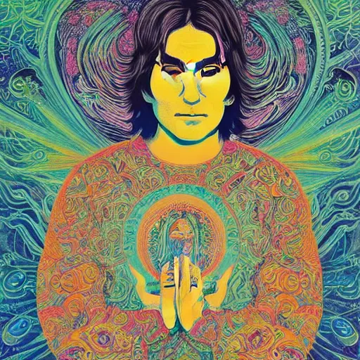 Prompt: young john lennon bodhisattva, praying, prayer hands, 1967 psychedelic portrait art in the style of Victo Ngai