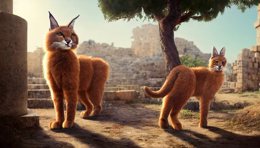 Image similar to wooden barrel on one side, fullbody photo of cute fluffy caracal in it, ancient greek city, sunny day, by ilya kuvshinov, rtx rendering, octane render 1 2 8 k, maya, extreme high intricate details by tom bagshaw, medium shot, close up shot, composition by sana takeda, lighting by greg rutkowski