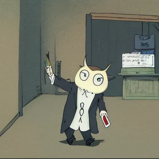 Image similar to barn owl in a black suit wearing an office bag going to the office,drawn by Hayao Miyazaki and Beatrix Potter, highly detailed,anime, anime shot,anime colours, inspired by my neighbor totoro 1988