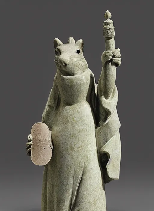 Image similar to A marble statue of a squirrel holding an acorn in the style of Statue of Liberty. museum photo