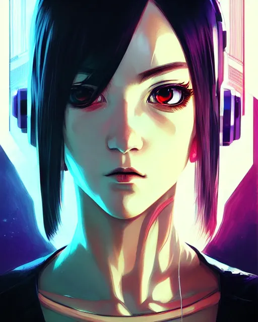 Image similar to a comic potrait of a cyberpunk cyborg girl with big and cute eyes, fine - face, realistic shaded perfect face, fine details. night setting. very anime style. realistic shaded lighting poster by ilya kuvshinov katsuhiro, magali villeneuve, artgerm, jeremy lipkin and michael garmash, rob rey and kentaro miura style, trending on art station