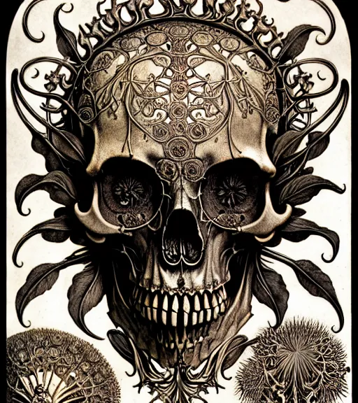 Image similar to art forms of nature by ernst haeckel, memento mori by arthur rackham, ornate antique porcelain beautiful skull mask, ultrasharp, photorealistic, hyperdetailed, octane render, polished, art nouveau, neo - gothic, gothic, intricate ornamental organic filigree, art nouveau botanicals, art forms of nature by ernst haeckel, horizontal symmetry, symbolist, visionary