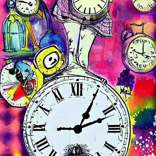 Prompt: alice in wonderland clock background, in the style of ralph steadman