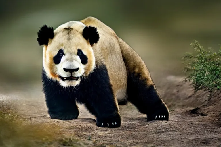 Image similar to a lion panda!!! hybrid! hyper realistic!! realistic lighting!! wildlife photographer of the year!!! bold natural colors, national geographic, hd, wide angle, 8 k