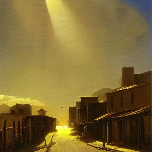 Image similar to oil painting of american old west town, dusty street, sunrays, dramatic, very very very beautiful art, romanticism by goya